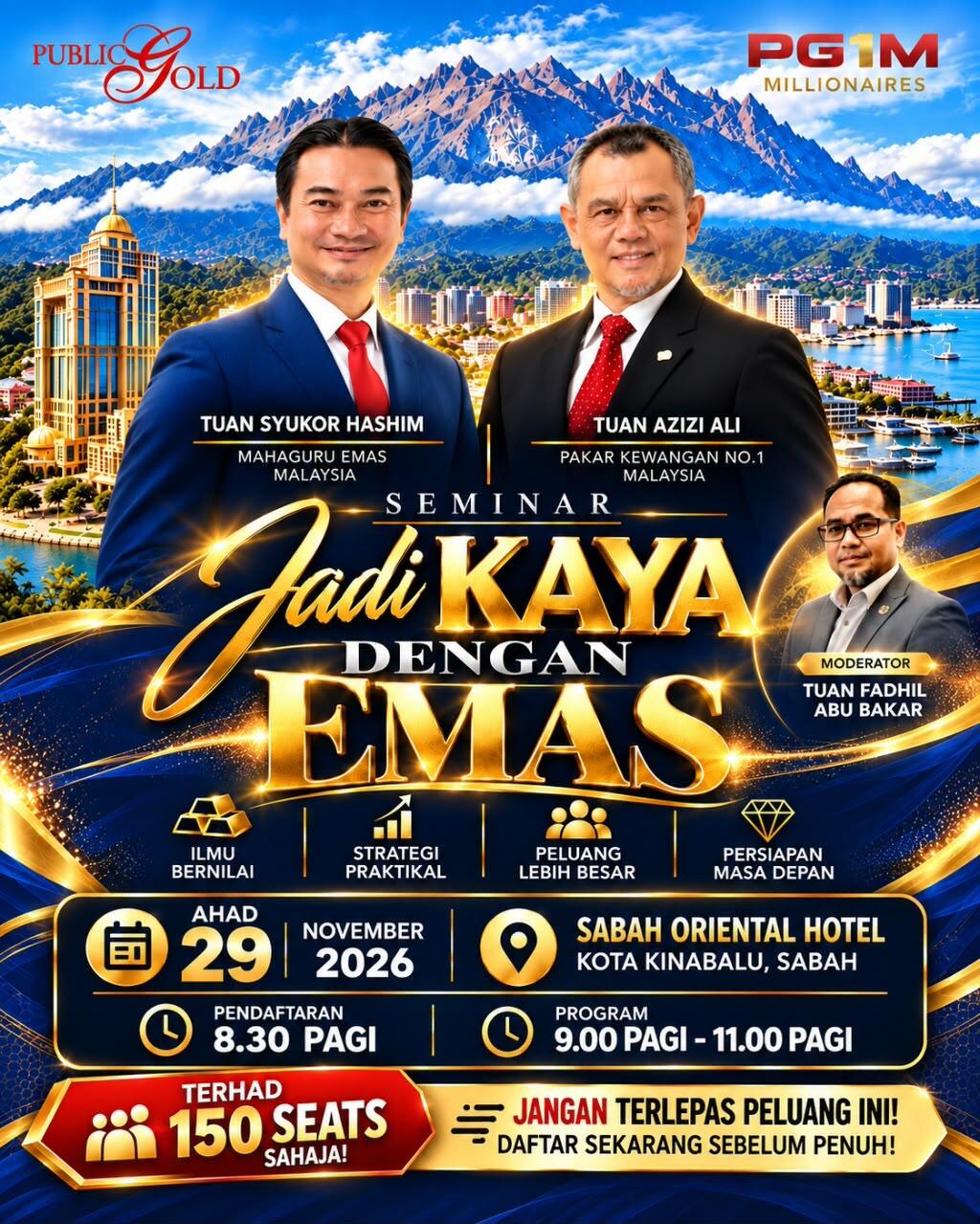 Poster rasmi Seminar Jadi Kaya Dengan Emas 2026, PG1M Sabah